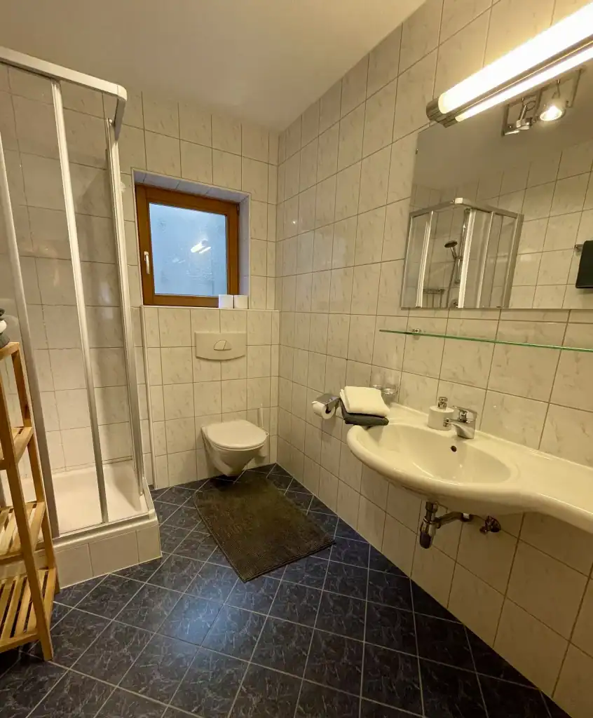 Modernes Badezimmer mit Dusche, WC und Waschbecken in hellem Design.