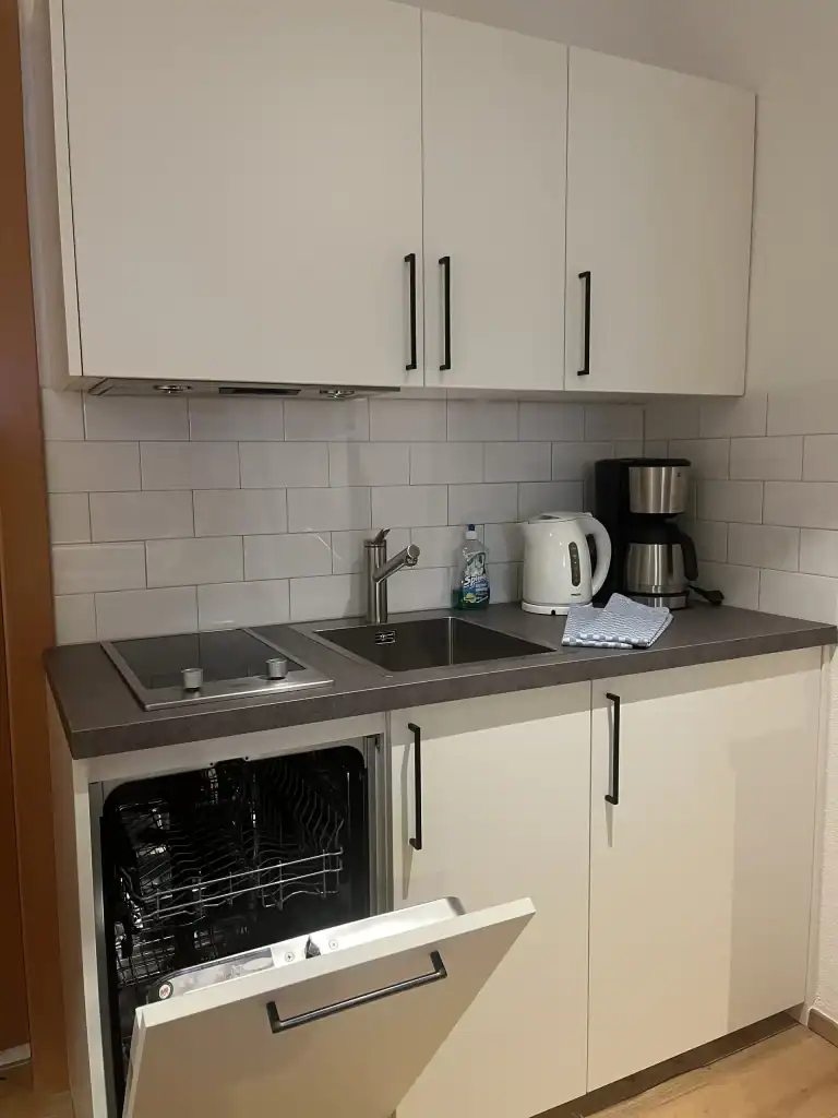 Kleine Küchenzeile mit Geschirrspüler, Wasserkocher und Kaffeemaschine.