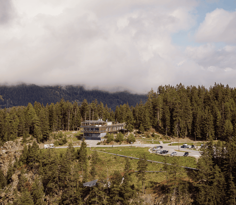 Moderne Berghütte inmitten eines dichten Nadelwaldes bei winterlichem Wetter.