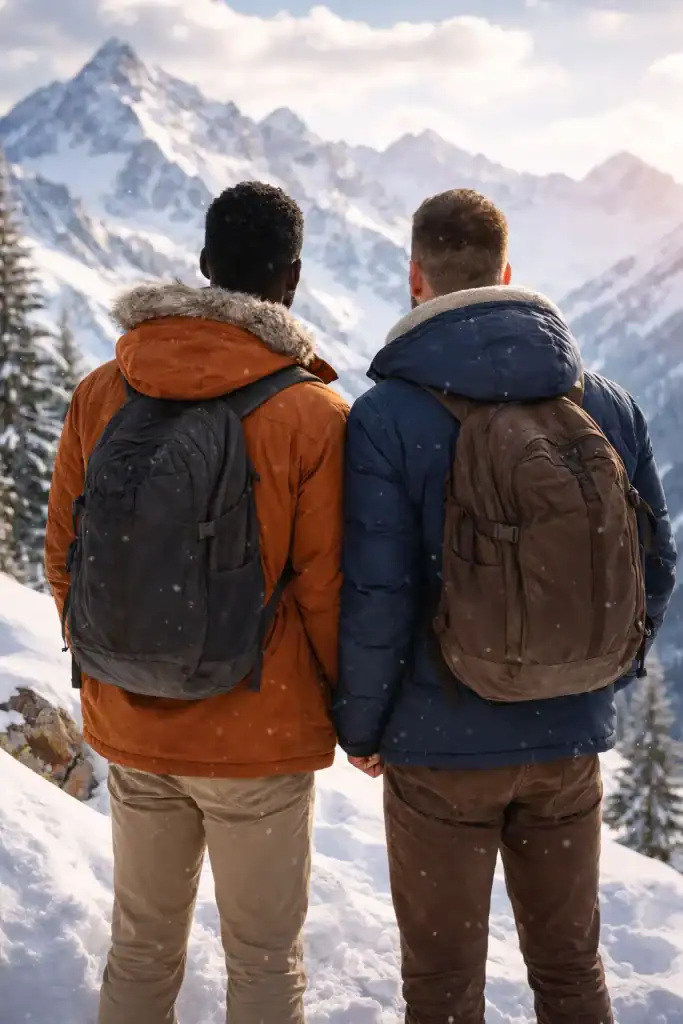 Abenteurer in den Alpen mit Rucksäcken, Blick auf schneebedeckte Gipfel.
